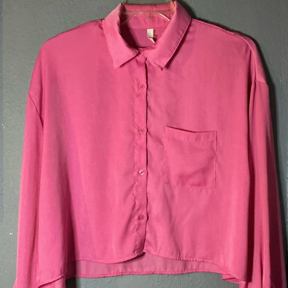 glam Button Front Cropped Blouse Womens Large Neon Pink Silk Imitation Style